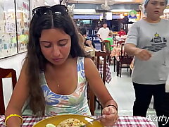 Katty licks lunch in an Chinese cafe sans panties and demonstrating coochie in public
