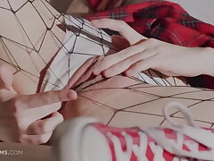Supah red-hot redhead damsel Sherice draining on her sofa dressed in fishnets