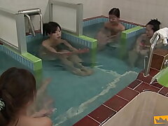 Chinese babes take a douche and get finger-tickled by a perv fellow