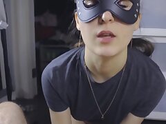 Step-sister gives blowjob to brother and swallows his sperm.
