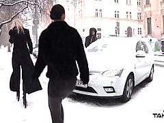 Three hotties sneaking first-timer man into the car for excellent fuck
