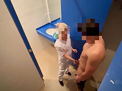 #I surprise the gym cleaning doll who when she enters to tidy the restroom she catches me draining off and helps me finish cumming with a blowjob#