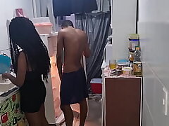 Hubby wakes up with fire in his man rod and catches his wifey in the kitchen and raises her in his lap and fucks her all over until her beaver is total of jism