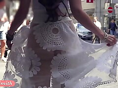 Fright City - Jeny Smith ambles in public in transparent dress pantyless